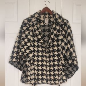 TRISTAN Black & White Houndstooth Tie Up Merino Wool Blend Jacket Cape